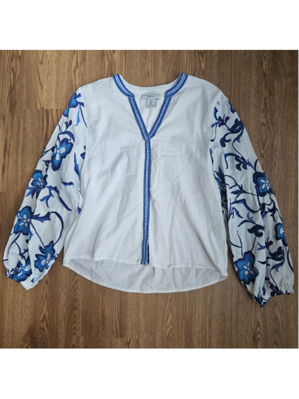 Calypso St. Barth Floral Embroidered Balloon Sleeve White Boho Casual Small